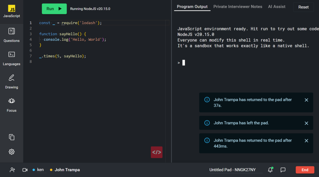 Screenshot of a CoderPad coding environment displaying a JavaScript editor on the left and a program output window on the right. The left side features JavaScript code that includes a function and a Lodash method. The right side shows that the environment is running Node.js v20.15.0 with logs displaying real-time shell activity. Below the program output, notifications indicate a user named "John Trampa" entering and leaving the session. At the bottom of the screen, two participants, "ken" and "John Trampa," are listed, with an option to end the session. The workspace is labeled "Untitled Pad - NNGK27NY."