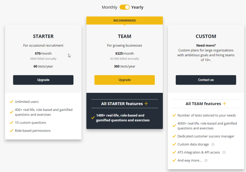 The "starter",  "team", and "custom" plans are listed along with their cost.