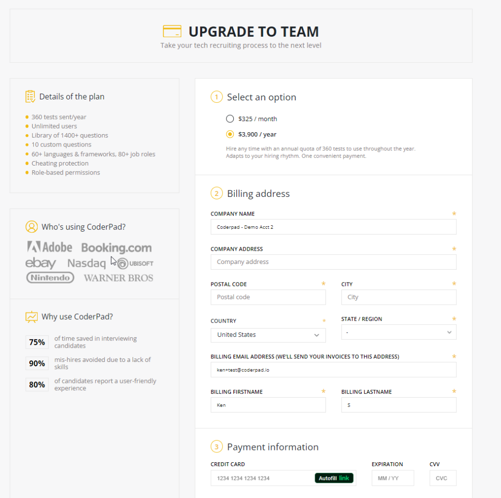 The payment screen which include the steps 1) select an option, 2) billing address, and 3) payment information.