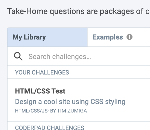 CoderPad take home question user interface for making tests that can be completed as a project asynchronously