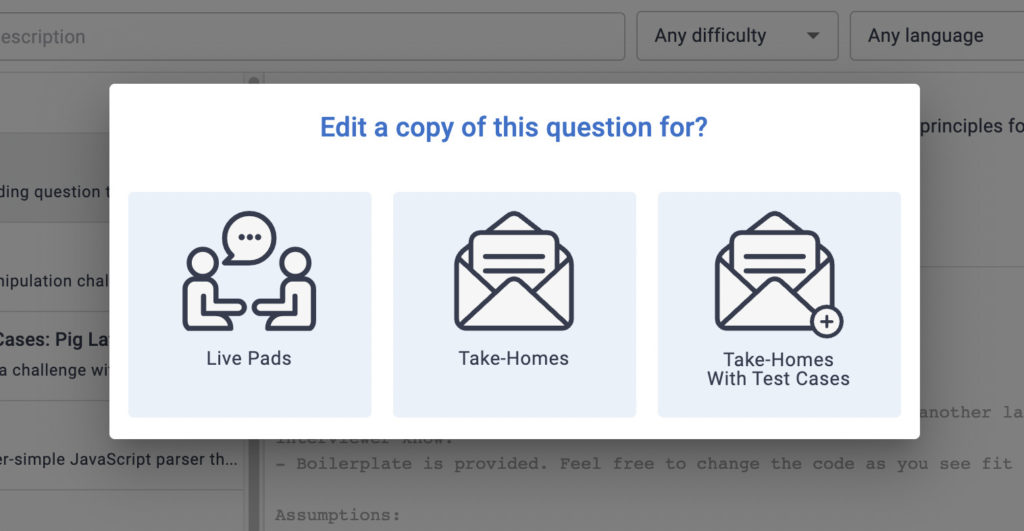 CoderPad Question Bank Edit a Copy Modal