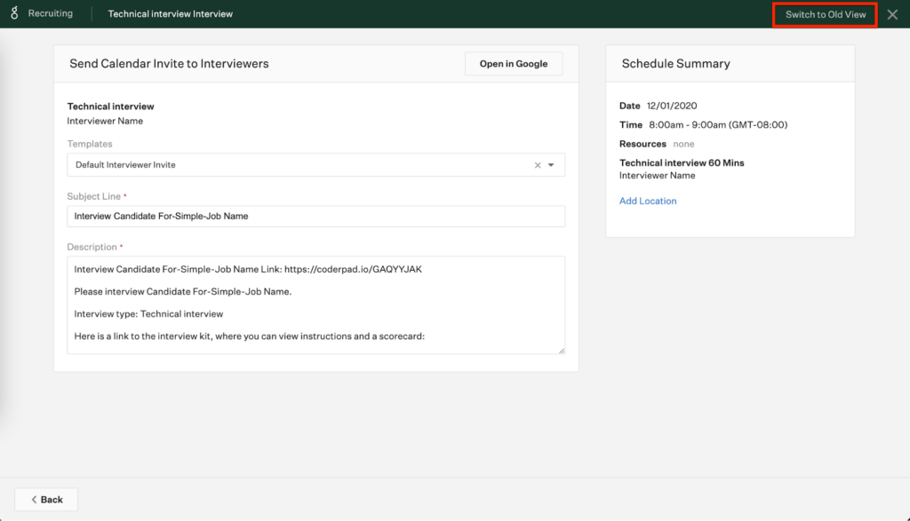How to switch to the Old View in the Greenhouse CoderPad live interview integration