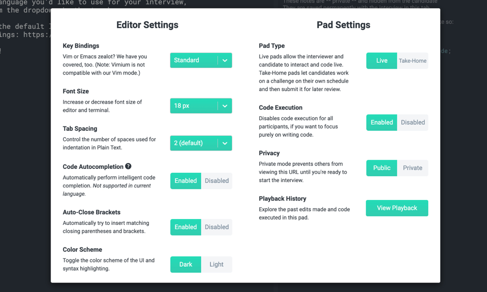 CoderPad editor settings