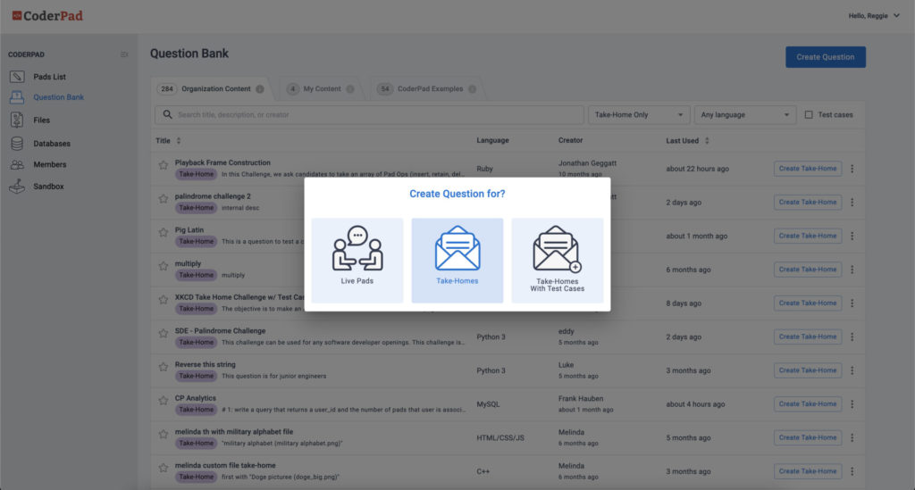 CoderPad question bank creation wizard modal