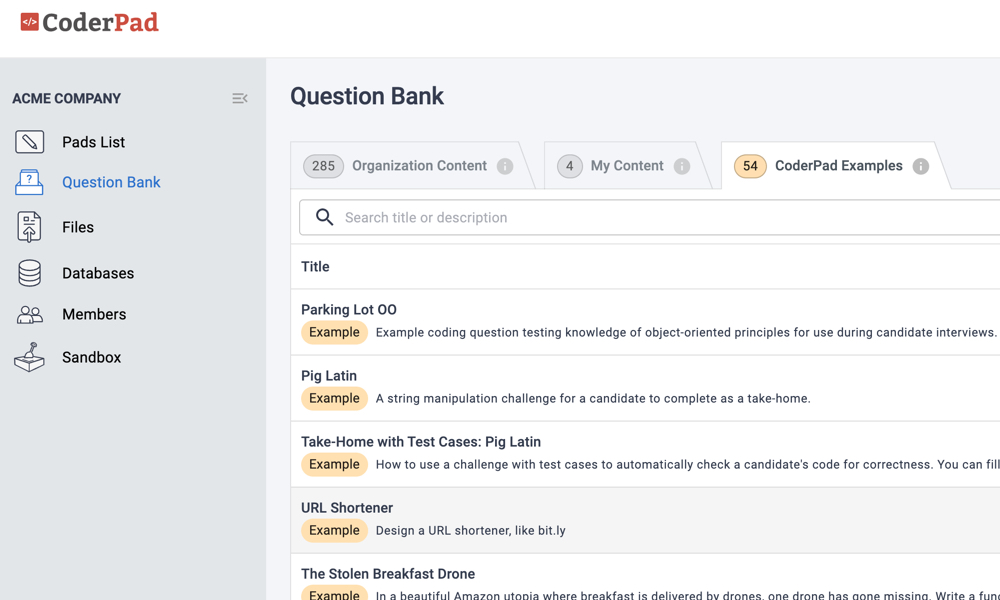 CoderPad example questions in the question bank