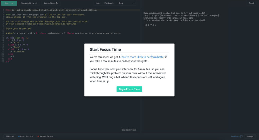 CoderPad start focus time modal