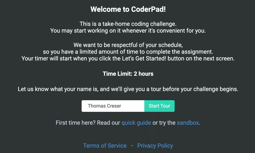 Takehome Welcome Modal for getting started