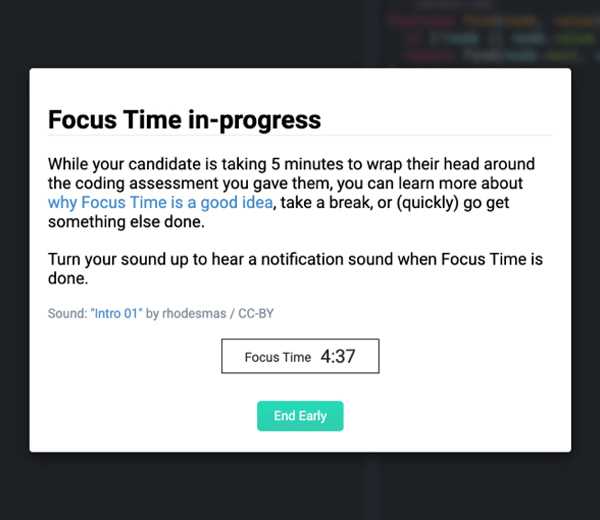 CoderPad's Focus Time feature lets candidates take a break to collect their thoughts for a better interviewing experience
