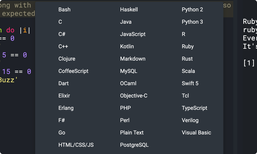 List of CoderPad's 30+ supported programming languages