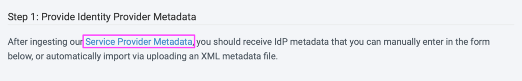 In the provide identity provider metadata step the service provider metadata link is highlighted