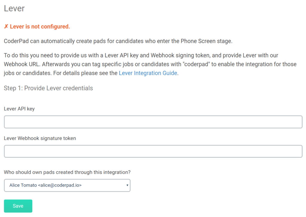 Lever configuration page on coderpad site. Fields for Lever API key, lever webhook signature token, and "who should own pads created through his integration" are displayed.