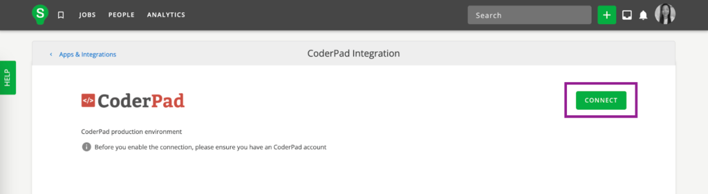 Sur la page d'intégration de coderpad, le bouton "connecter" est mis en évidence. 