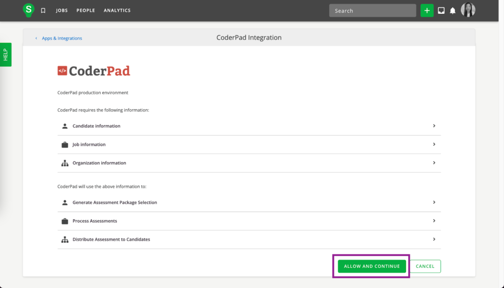 On the coderpad integration page the "allow and continue" button is highlighted. 