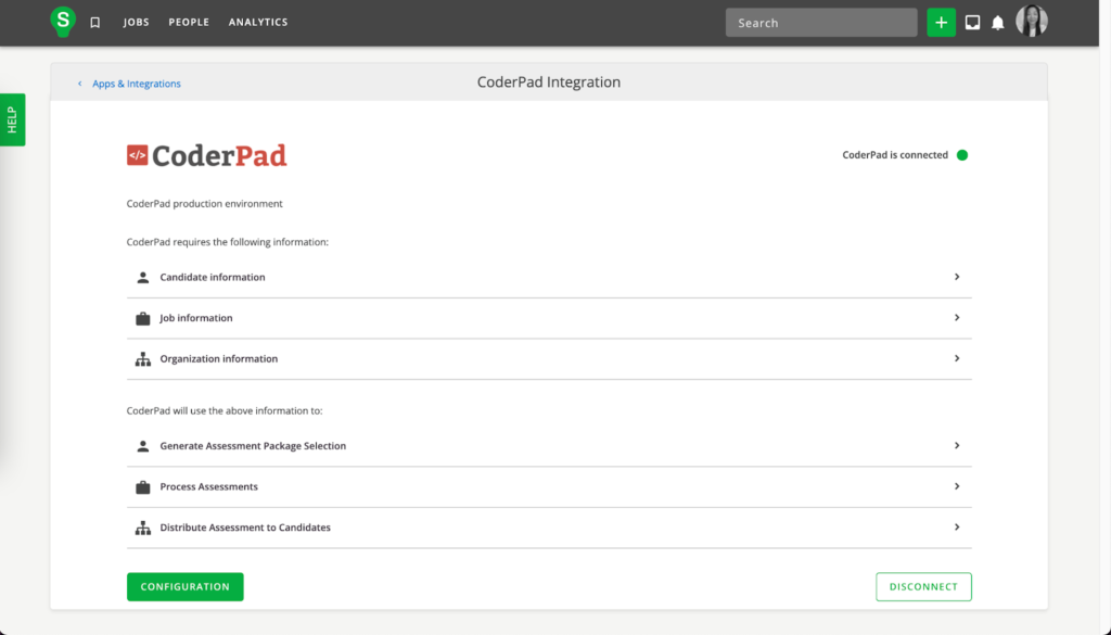 On the coderpad integration page the "configuration" and "disconnect" buttons are displayed.