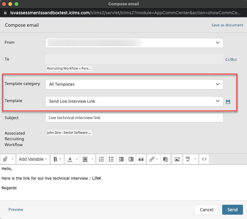 The compose emails window is shown with the tempalte category and template name fields highlighted.