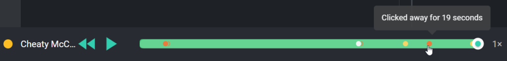 The image shows a playback timeline from a coding or interview session in CoderPad. The timeline represents the activity of a participant named "Cheaty McC...".

- The timeline is marked with various colored indicators that represent different actions during the session.
- The cursor is hovering over a red marker on the timeline, and a tooltip appears with the text **"Clicked away for 19 seconds"**. This indicates that the participant left the CoderPad window for 19 seconds at that point in the session.
- Other markers on the timeline, such as yellow and white dots, likely represent different events or actions taken by the participant.

The playback controls to the left allow the reviewer to navigate through the timeline, and the indicator shows the playback speed, set to "1x" in this instance.