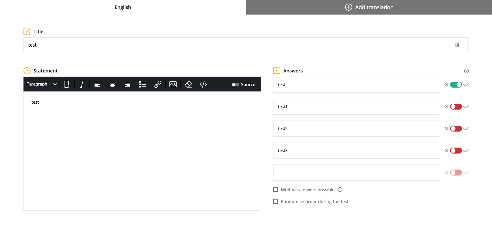 Multiple choice creation screen consisting of title field, statement field, and answers field.