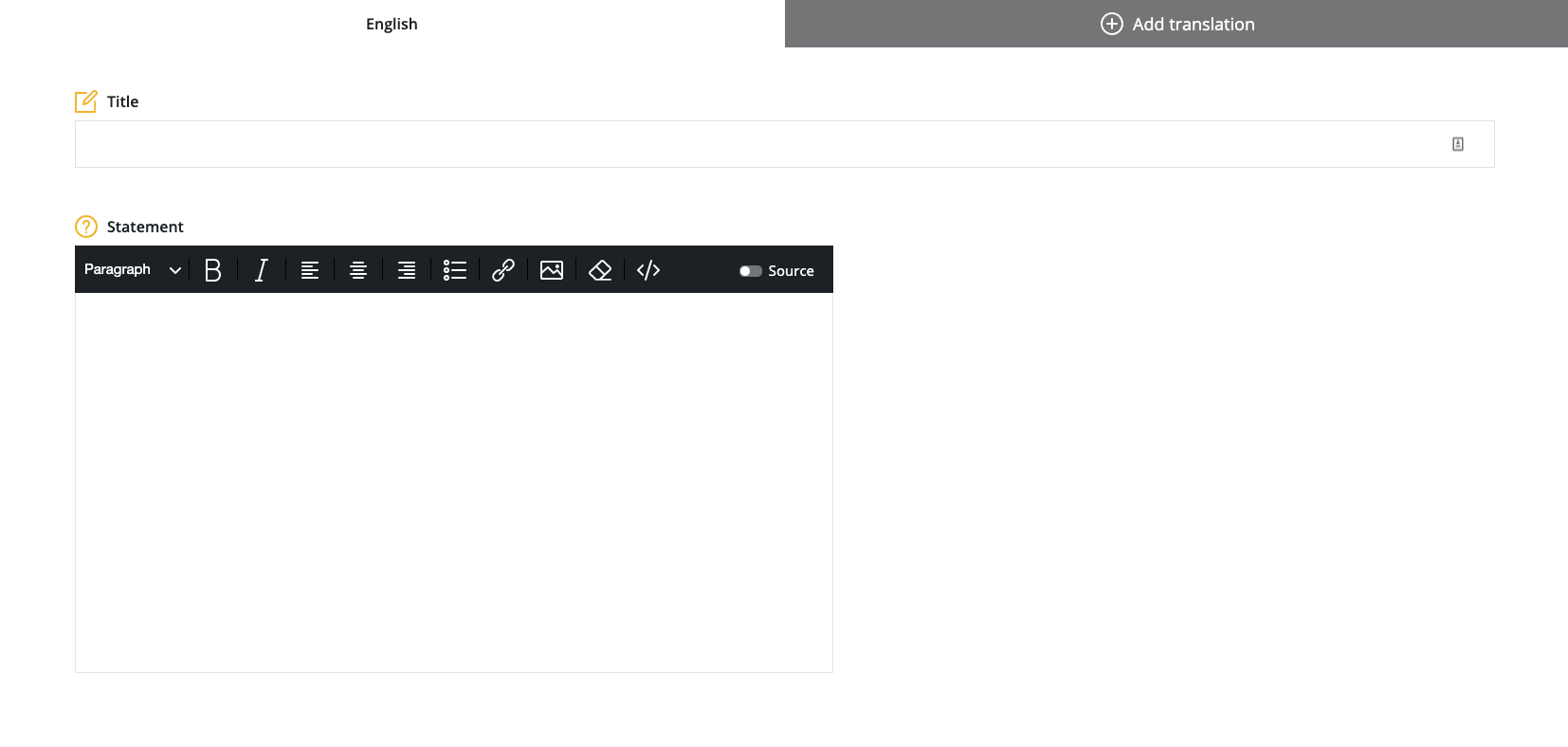 Empty text question creation page. Consists of title and statement fields.