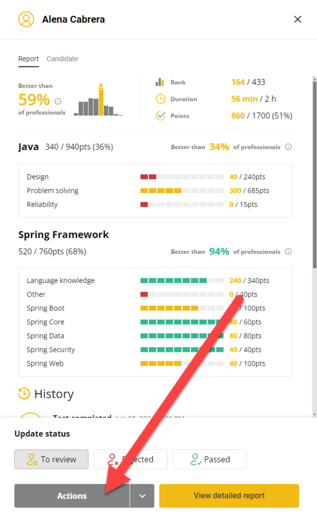 A candidate results screen with an arrow pointing towards the "actions" button at the bottom.