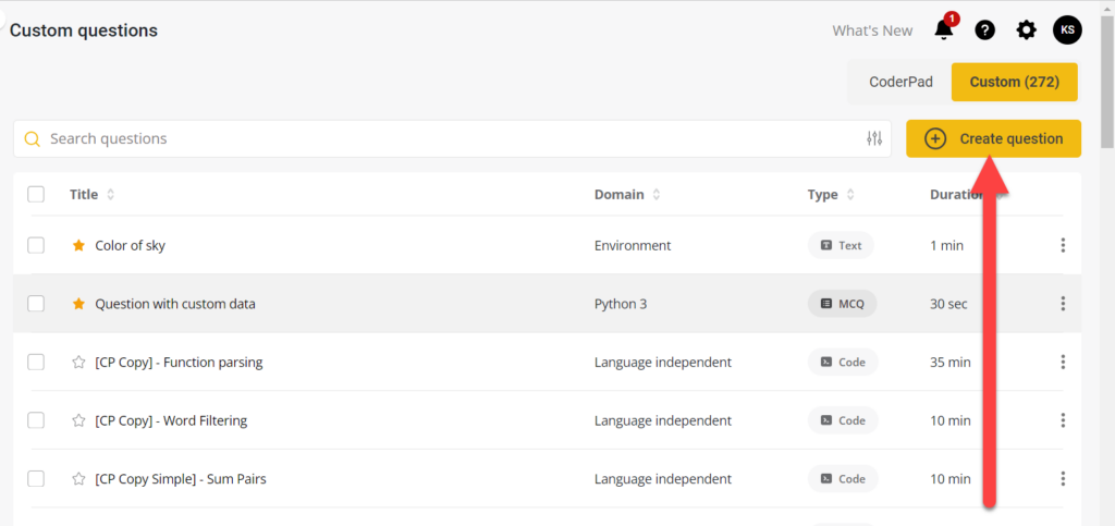 Custom Question list screen with an arrow pointing to the "create question" button at the top right of the screen.