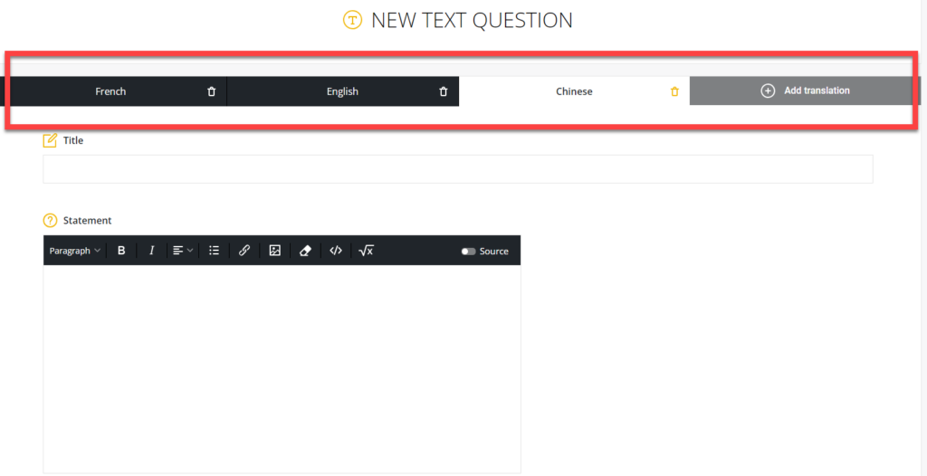 Multipl choice question translation screen with "Chinese" tab opened and title, statement, and answers fields displayed.