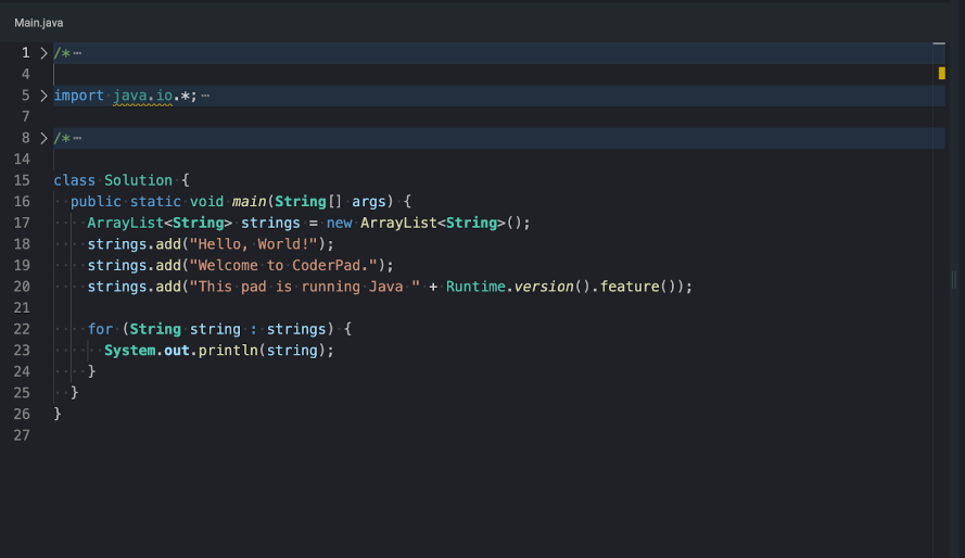 Lines 1,5, and 8 has the code folded and the dropdown arrows are now pointing to the right.