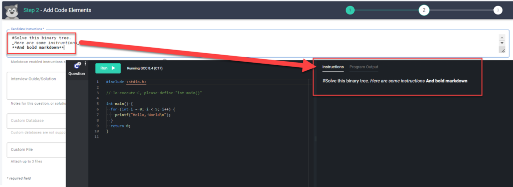 The "Add code elements screen" is shown in the background with the "candidate instructions" section highlighted. In the foreground is an open pad with the same instructions highlighted on the right side of the pad.