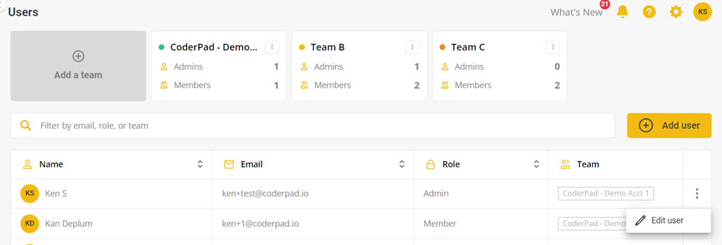 L'image montre une interface de gestion des utilisateurs pour un outil logiciel, probablement lié à la collaboration d'équipe ou à la gestion de code. L'interface comprend plusieurs sections clés:1. **Barre de navigation supérieure** :   - À l'extrême droite, il y a des icônes pour les notifications (avec 21 notifications), l'aide, les paramètres et une icône de profil d'utilisateur (avec les initiales "KS").   - La mention "Quoi de neuf" est affichée à côté de l'icône de notification.2. **Section des équipes** (en haut au centre) :   - Cette section répertorie les différentes équipes : "CoderPad - Demo Acct 1", "Team B" et "Team C".   - Chaque fiche d'équipe indique le nombre d'administrateurs et de membres. Par exemple, "CoderPad - Demo Acct 1" a 1 administrateur et 1 membre.3 **Liste des utilisateurs** (section du bas) :   - Un tableau affiche les détails de l'utilisateur, notamment     - **Nom** : Le nom de l'utilisateur, avec des icônes indiquant ses initiales (par exemple, "KS" pour Ken S et "KD" pour Kan Deplum).     - Courriel** : L'adresse électronique associée à chaque utilisateur.     - Rôle** : Le rôle de l'utilisateur (par exemple, Admin, Membre).     - Équipe** : L'équipe à laquelle appartient chaque utilisateur.   - Une option "Modifier l'utilisateur" est disponible lorsque l'on survole la ligne d'un utilisateur.4. **Filtrer et ajouter un utilisateur** :   - Une barre de filtre permet de filtrer par email, rôle ou équipe.   - Un bouton jaune "Ajouter un utilisateur" se trouve sur le côté droit pour ajouter de nouveaux utilisateurs.Le design général est propre et organisé, avec un accent mis sur la gestion des membres de l'équipe et de leurs rôles.