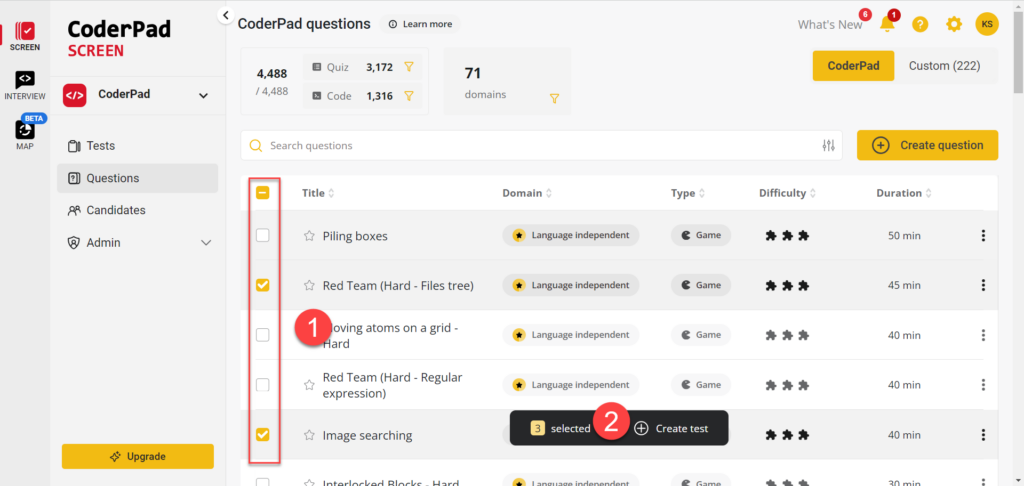 The image shows a screenshot from the CoderPad platform, specifically in the "Questions" section. Here’s a description of the key elements:

1. **Checkboxes (Highlighted in Red Box)**: There are checkboxes on the left side of each question title. Some of these are checked, indicating that the questions have been selected.

2. **Selection Indicator**: Below the list of questions, there is a black bar with a label "3 selected" followed by a "+" button labeled "Create test," indicating that three questions have been selected for creating a test.

3. **Question List**: The screenshot shows a list of questions with various details:
   - **Title**: Names of the questions (e.g., "Piling boxes," "Red Team (Hard - Files tree)").
   - **Domain**: "Language independent" is indicated, meaning these questions don't depend on a specific programming language.
   - **Type**: Most of the questions are marked as "Game."
   - **Difficulty**: Displayed using puzzle icons, where more puzzle pieces suggest a higher difficulty.
   - **Duration**: Time allocated for each question is shown (e.g., 50 min, 45 min).

4. **Top Navigation Bar**: Contains elements like notifications, settings, and user profile initials ("KS").

5. **Create Question Button**: A yellow button labeled "Create question" is on the right side, which likely allows the user to add a new question to the platform.

6. **Filter and Search Options**: There's a search bar and filter icon above the list of questions for refining the search results.

The interface is clean and seems to be designed for managing and organizing coding or programming questions for assessments or interviews.