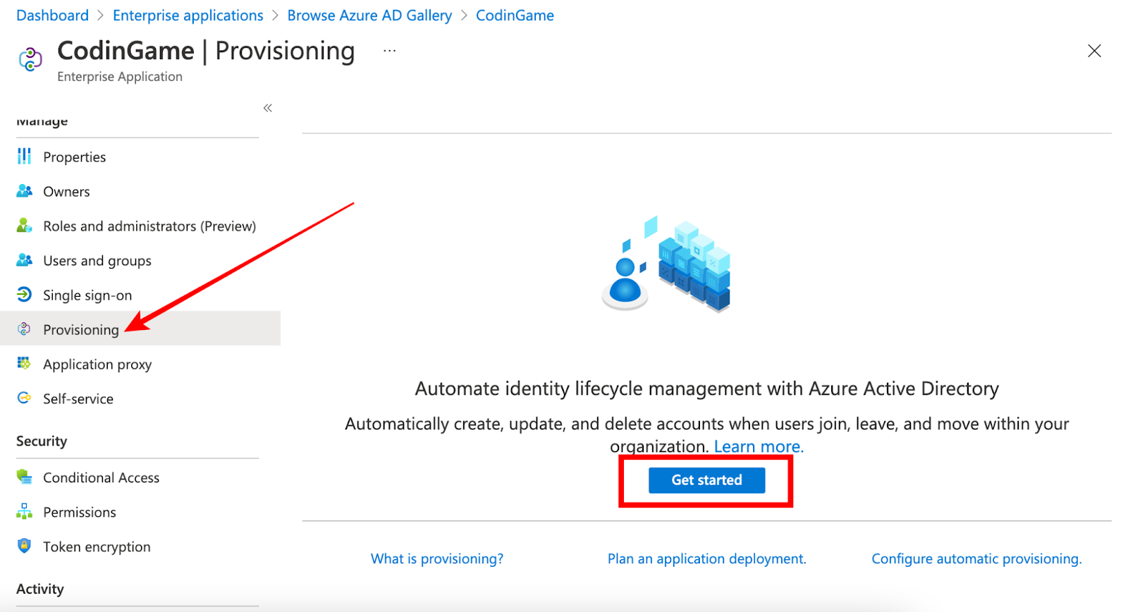 The CodinGame provisioning page is shown with an arrow pointing to the provisioning option in the left nave. The "get started" button in the center of the page is highlighted.