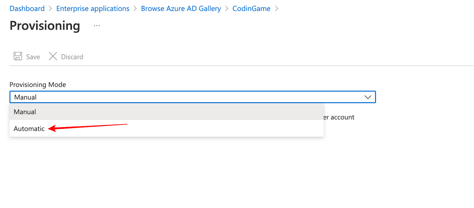 The provisioning mode dropdown menu is shown with an arrow pointing to the "automatic" option.