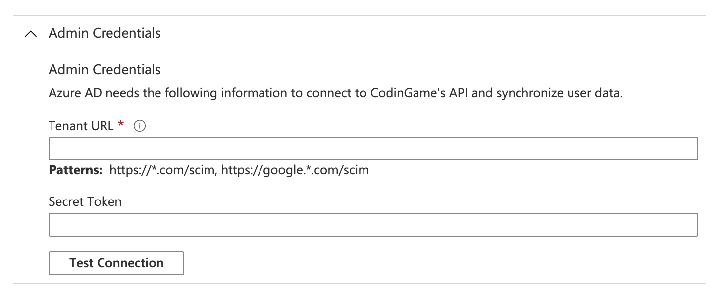 Admin credentials page with tenant url and secret token input fields displayed.