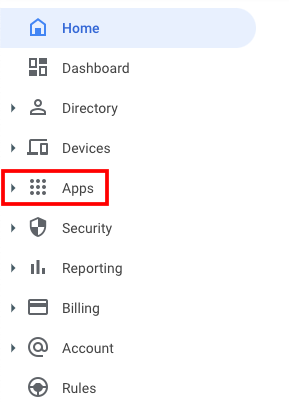 In the left nave the "apps" menu item is highlighted.