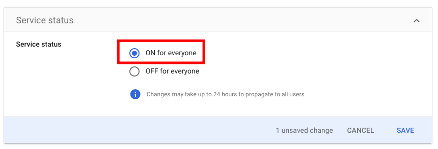 Service status screen with the option "On for everyone" selected and highlighted.