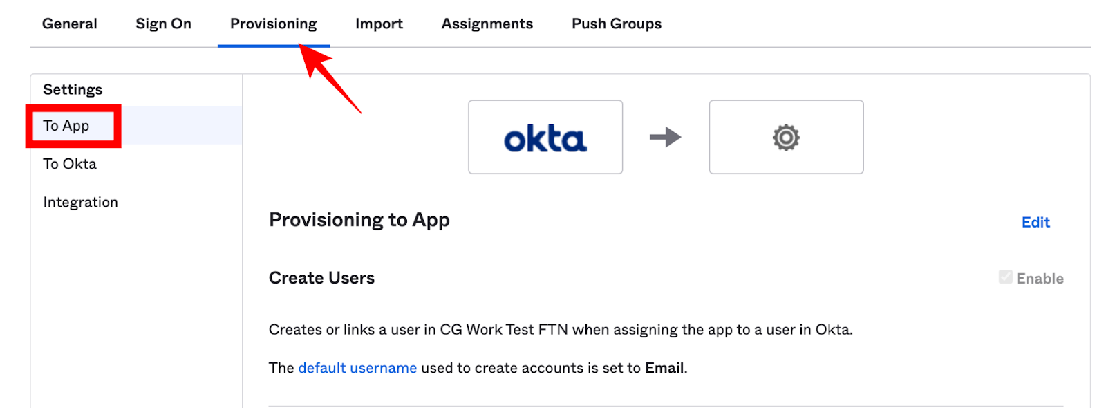 Codingame configuration screen with an arrow pointing to the "provisioning" tab. in the left nav the "to app" option is highlighted.