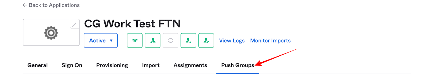 Codingame configuration screen with an arrow pointing to the "Push groups" tab.
