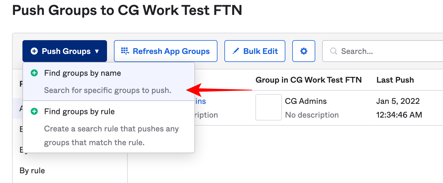 In the push groups dropdown menu there is an arrow pointing to the "find groups by name" option.