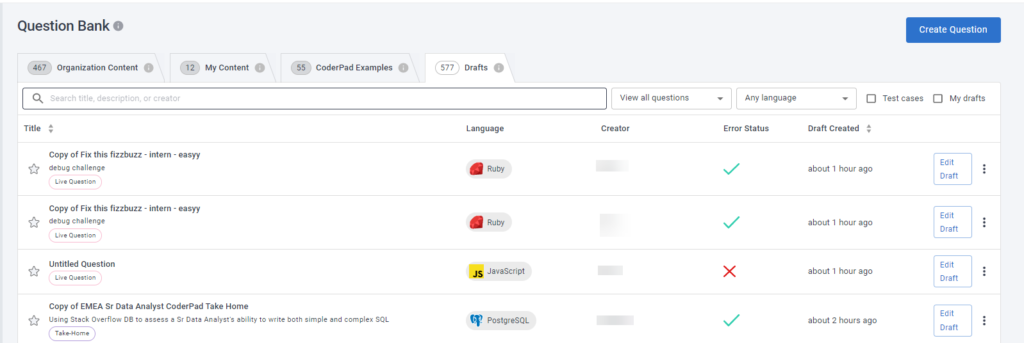 A draft tab of the question bank shows a list of questions in draft along with their creators and error statuses.