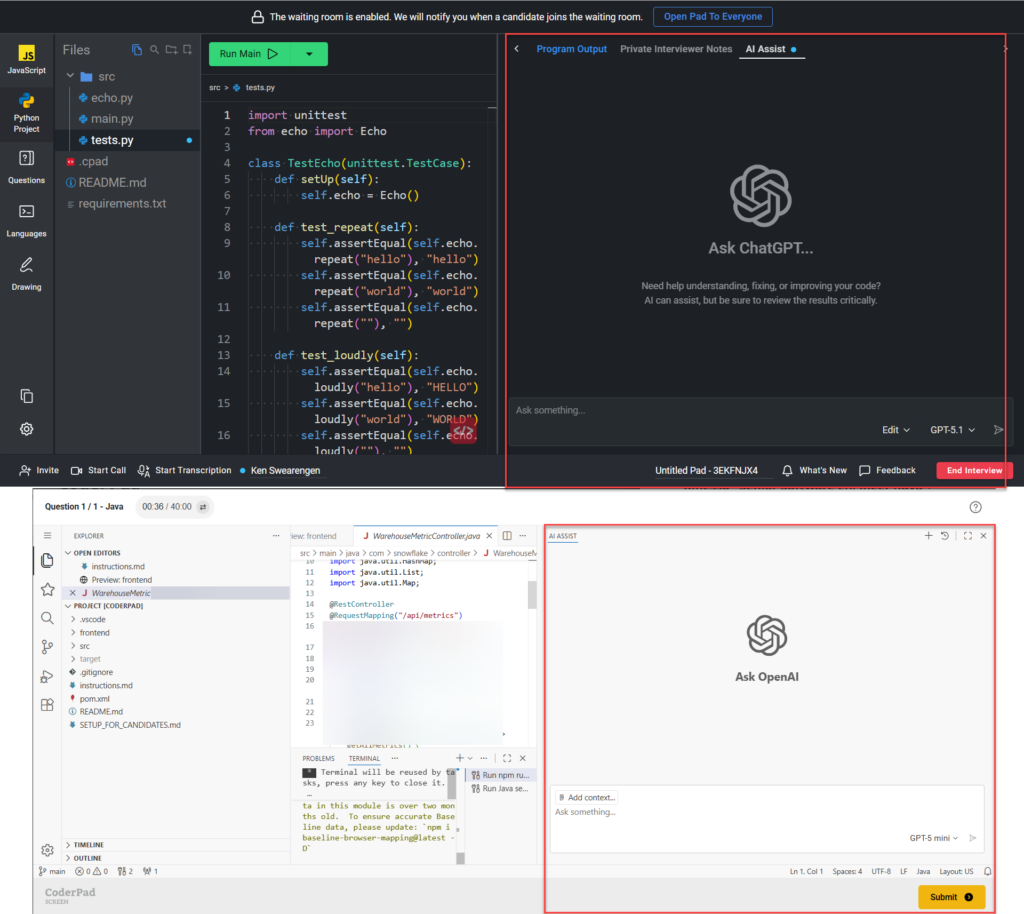 **Capture d'écran de l'environnement d'entretien CoderPad montrant un espace de travail de codage avec un explorateur de fichiers, un fichier de test Python ouvert dans l'éditeur et un panneau “AI Assist” sur la droite intitulé “Ask ChatGPT” (demandez à ChatGPT). Une deuxième capture d'écran ci-dessous montre une interface de codage similaire avec un fichier Java ouvert et un panneau “AI Assist” intitulé “Ask OpenAI”. Les deux panneaux d'aide à l'IA sont mis en évidence par des cases rouges afin de souligner l'interface de l'assistant au sein de l'environnement de codage.