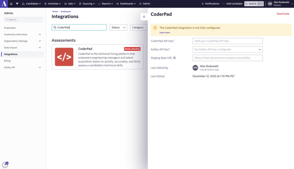 The coderpad setup screen is shown on the Ashby integrations page. There are fields to enter the coderpad api key, ashby api key, and the staging base url.