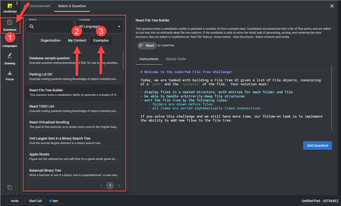 A pad is open with a 1 pointing to the "questions" tab in the left nav bar and a 2 pointing to the "my content" tab and a 3 pointing to the "examples" tab in the question selection window.