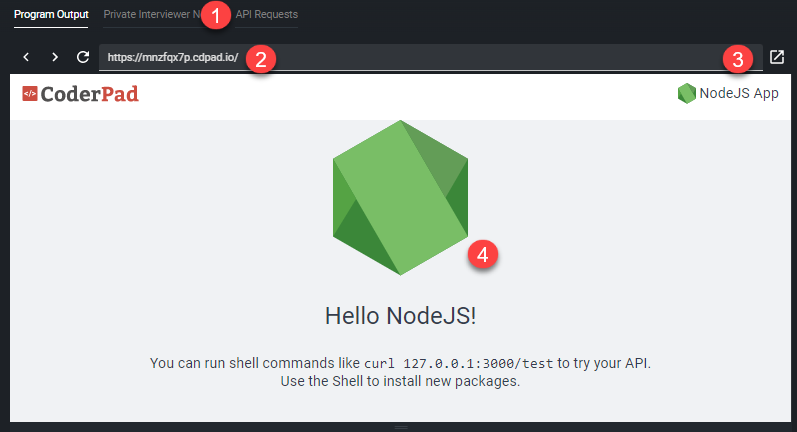 The output screen with a 1 next to the api client tab, a 2 next to the url, a 3 next to the popout icon, and a 4 in the rendered output UI.