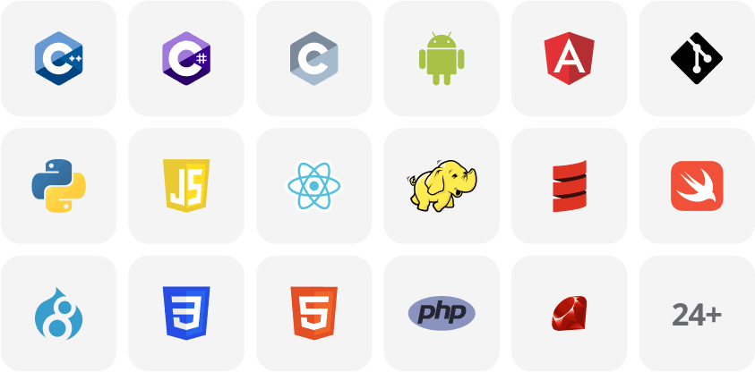 CoderPad Screen supports the most popular programming languages and development frameworks.