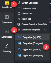 Environment option drop down with a 1 next to the vertical ellipses, a 2 next to database adapters, and a 3 next to the adapter options.
