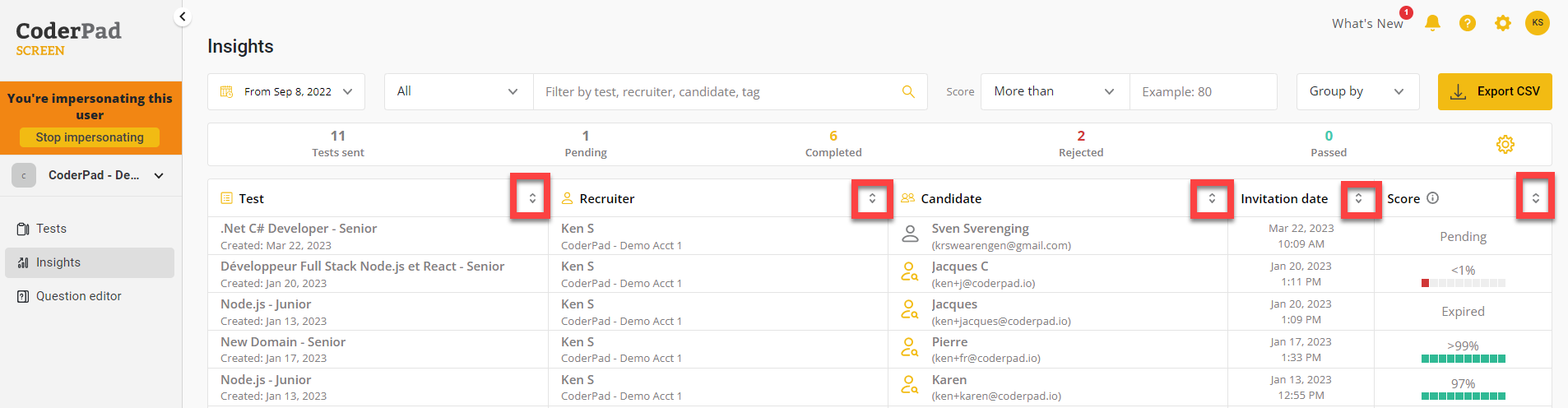 Candidates dashboard - CoderPad Screen Docs