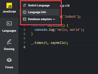 The language options dropdown is shown next to the javascript language. The options are switch language, language info, and database adaptors.