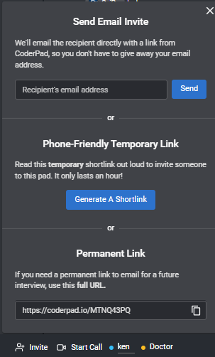 The Invite button is shown and the pop up menu is displayed with the "send email invite", "phone-friendly temporary link", and "permanent link" options displayed.