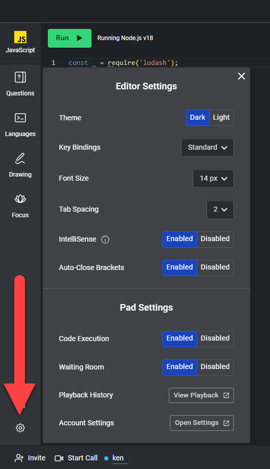 The settings button is highlighted in the bottom left corner of the pad. The settings window is open displaying both editor settings and pad settings. 