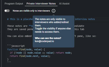 The private interviewer notes tab with the "notes are visible only to interviewers" toggle turned on.
