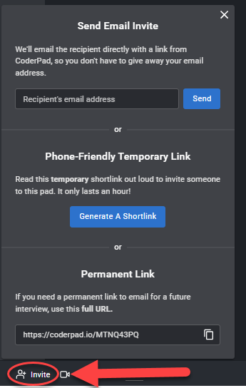 The invite button is highlighted at the bottom left of the pad. The invite box is open with the "send email invite", "phone-friendly temporary link", and "permanent link" sections displayed. 